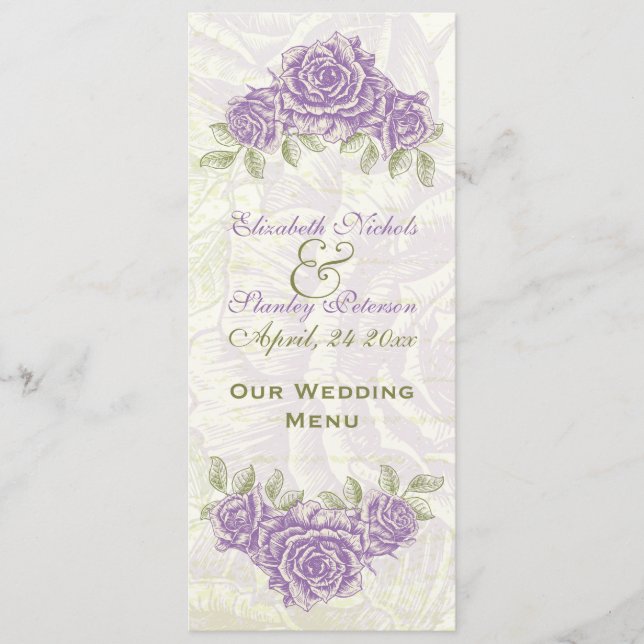 Vintage Blume lila Rose Hochzeitskarte Menükarte (Vorderseite)