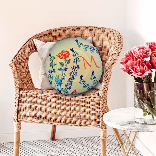 Vintage Blume Nelken Mit Monogramm Rundes Kissen (Von Creator hochgeladen)