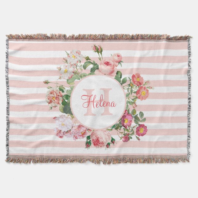 Vintage Blume Rosa Streifen Monogramm Decke (Vorderseite)