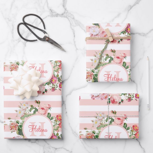 Vintage Blume Rosa Streifen Monogramm Geschenkpapier Set (Vorderseite)
