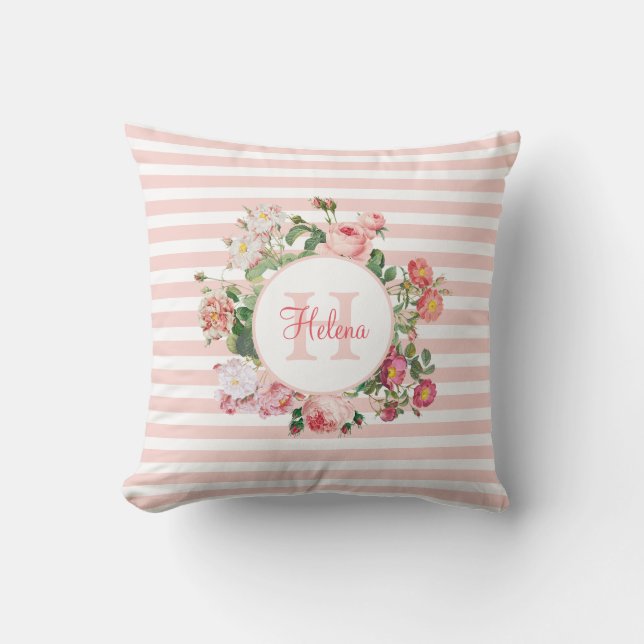 Vintage Blume Rosa Streifen Monogramm Kissen (Vorderseite)