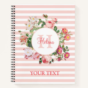Vintage Blume Rosa Streifen Monogramm Notizbuch