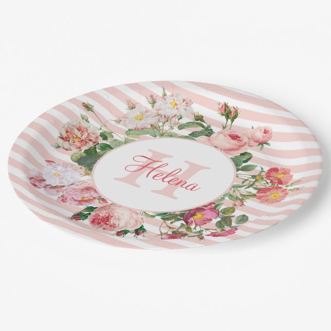 Vintage Blume Rosa Streifen Monogramm Pappteller (Schrägansicht)