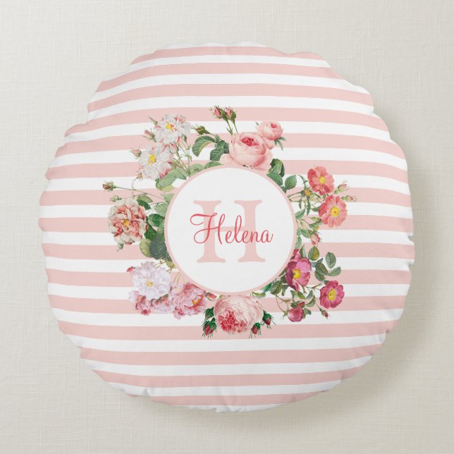 Vintage Blume Rosa Streifen Monogramm Rundes Kissen (Vorderseite)