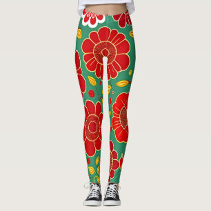 Vintage Blume rotes, grünes Retro-Muster Leggings