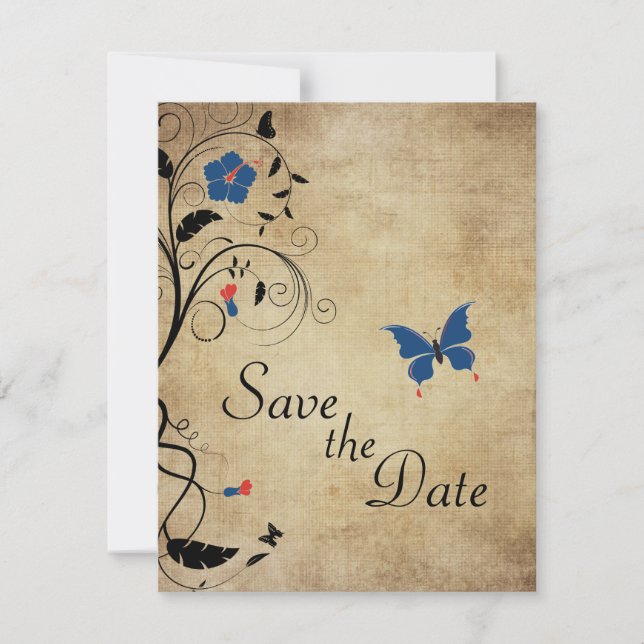 Vintage Blume Schmetterlinge Hochzeit speichern da Einladung (Vorderseite)