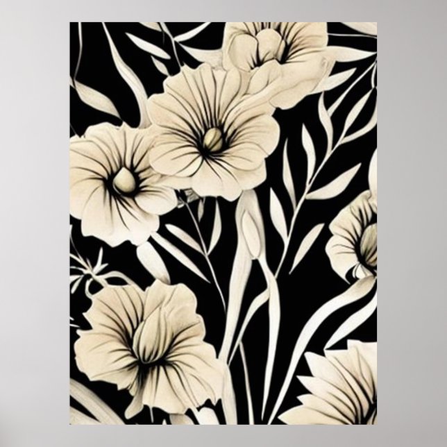 Vintage Blume Schwarz und Beige Kunst Poster (Vorne)