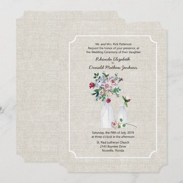 Vintage Blume und Milchflaschen Hochzeiten Einladung (Vorne/Hinten)