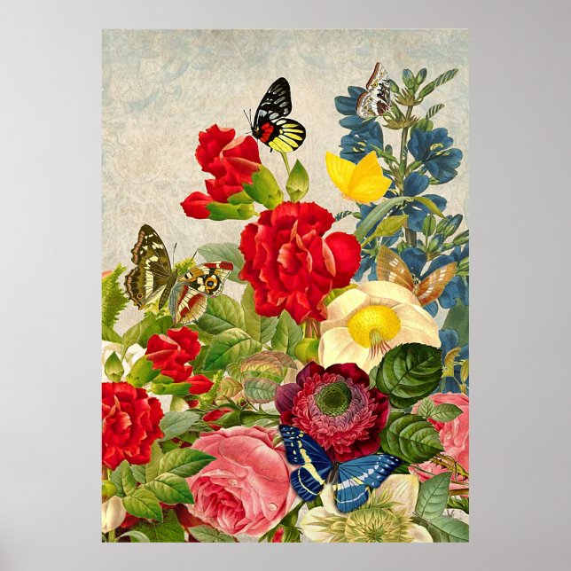 Vintage Blume und Schmetterlinge wertvolles Plakat (Vorne)