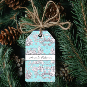 Vintage Blumen Aqua Blau Toile de Jouy Monogramm Geschenkanhänger