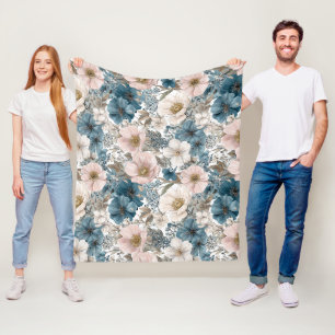Vintage Blumen-Aquarell Blau Rosa Fleecedecke