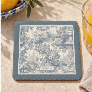 Vintage Blumen Chic Blaue Toile de Jouy Monogramm Steinuntersetzer