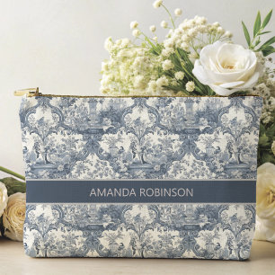 Vintage Blumen-Damaskus Blau Toile de Jouy Monogra Zubehörtasche