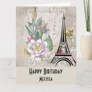 Vintage Blumen, Eiffelturm und Jute-Geburtstag Karte