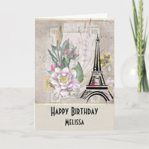 Vintage Blumen, Eiffelturm und Jute-Geburtstag Karte