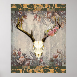 Vintage-Blumen-Hirsch-Schädel Poster