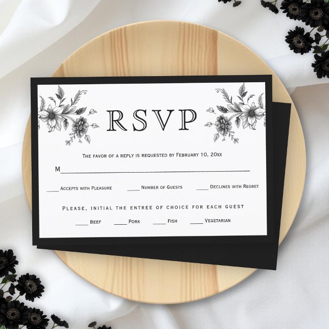 Vintage Blumen-Hochzeit in Schwarz-Weiß RSVP Karte (Von Creator hochgeladen)