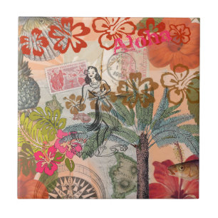 Vintage Blumen Hula Farbige Hawaiianische Tropisch Fliese