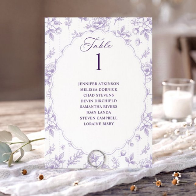 Vintage Blumen-Lavendel-Hochzeits-Sitzplan (Lavender light purple French floral seating chart card with oval scalloped frame.)