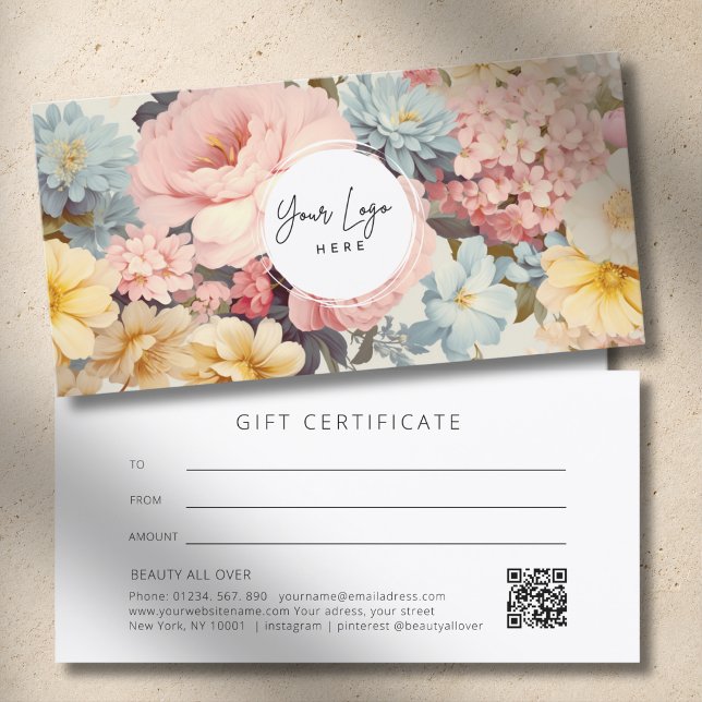 Vintage-Blumen-Logo QR-Code-Geschenkgutschein (Vintage Floral Logo QR Code Gift Certificate)