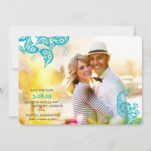 Vintage-Blumen-Paisley-Türkisfarbener Pfau-Foto Save The Date
