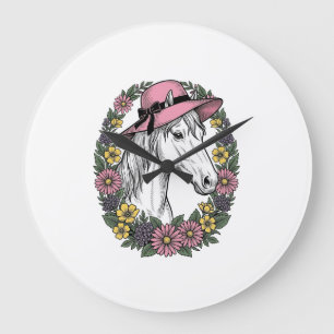 Vintage-Blumen-Pferdeporträt-Vektor-Kunst-Design Große Wanduhr