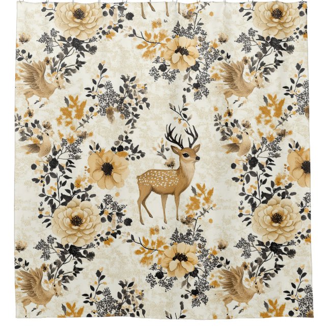 Vintage-Blumen-Rehkitz-Muster Duschvorhang (Vorderseite)