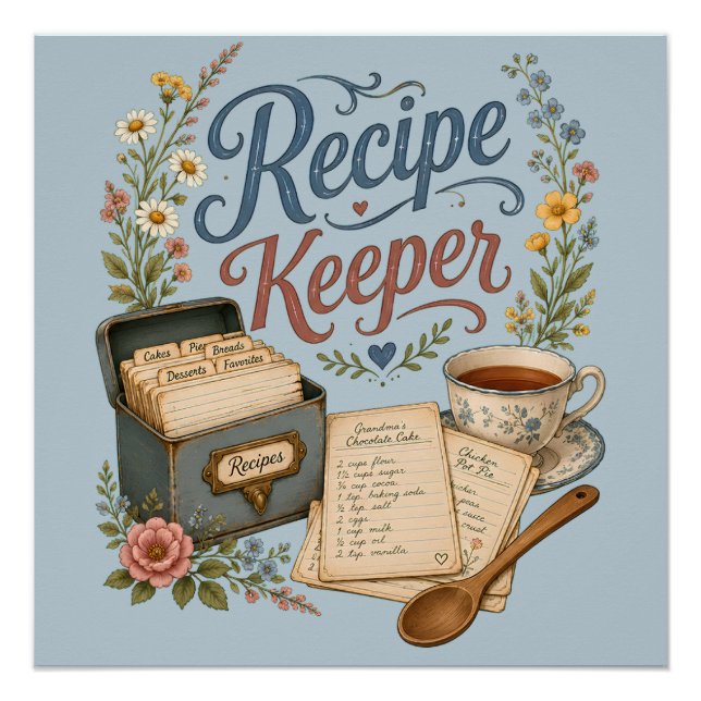Vintage-Blumen-Rezeptbehälter Cottagecore Poster (Vorderseite)