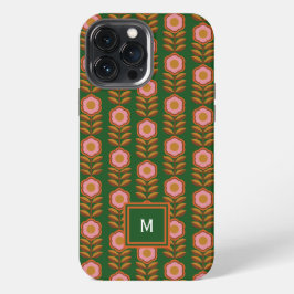 Vintage Blumen, rosa auf grünem Retro iPhone 13 Pro Max Hülle