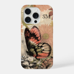 Vintage-Blumen-Schmetterling-Monogramm-Handyhülle iPhone 15 Pro Hülle