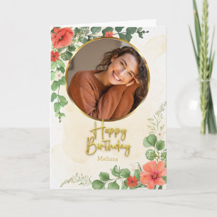 Vintage-Blumen-Script-Kreis-Foto-Geburtstag Karte