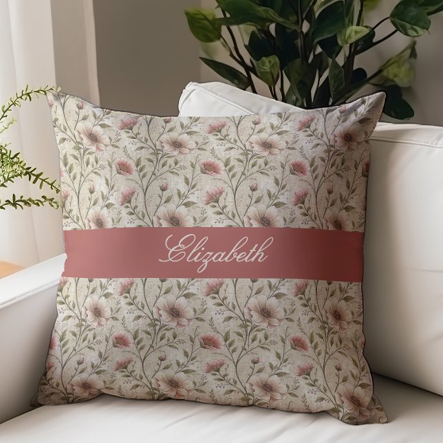Vintage-Blumen-Script-Monogramm-Name Beige Kissen (Von Creator hochgeladen)