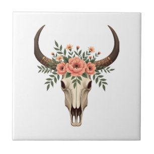 Vintage-Blumen-Stierschädel-Boho-Western-Botanik-I Fliese