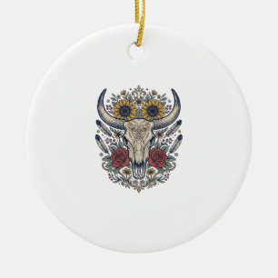 Vintage-Blumen-Stierschädel-Western Keramik Ornament