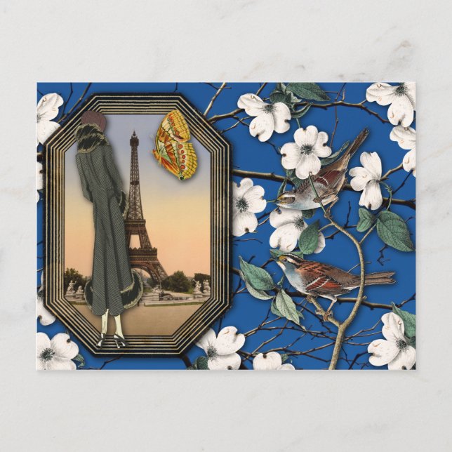 Vintage Blumen- und Eiffelturm-Collage Postkarte (Vorderseite)