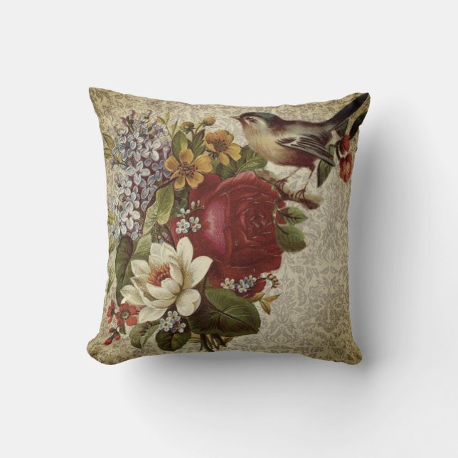Vintage Blumen und Vögel Kissen (Vorderseite)