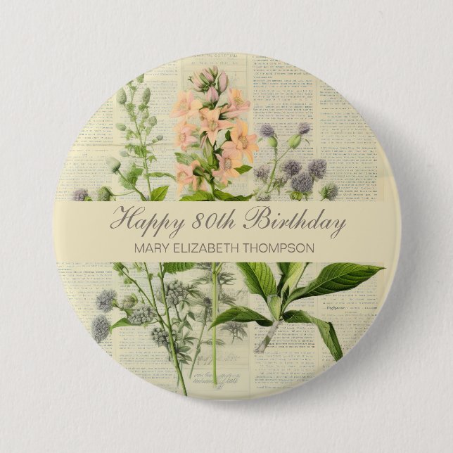 Vintage-Blumen zum 80. Geburtstag Button (Vorderseite)