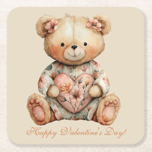 Vintage-Blumenbär mit Herz zum Valentinstag Rechteckiger Pappuntersetzer