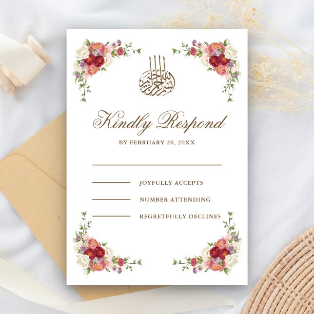 Vintage Blumenbouquet Border Islamische Hochzeit RSVP Karte (Von Creator hochgeladen)