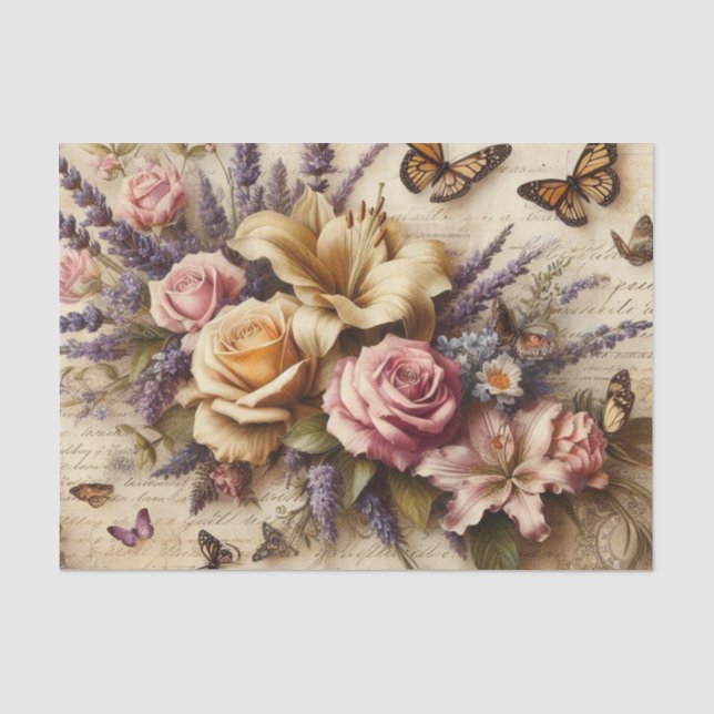 Vintage BlumenBouquet und Schmetterlinge Dekoupage Seidenpapier (Vorderseite)