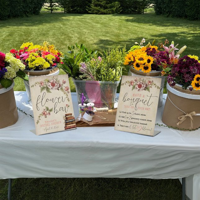 Vintage Blumenbücher Brautparty Blume Bar Sockelschild (Beautiful flower bar & make a bouquet instructions wedding bridal shower pedestal stand alone signs)