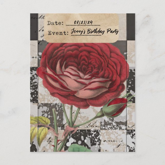Vintage BlumenCollage Geburtstagspartei Rett Datum Postkarte (Vorderseite)