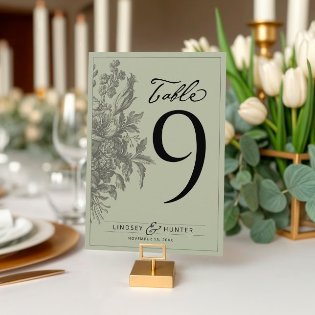 Vintage Blumengebinde in Salbeigrün - Tischnummer  (Elegant vintage floral bouquet sage green & black simple wedding reception dinner table number card)