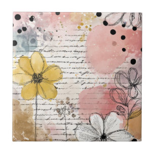 Vintage Blumengemälde mit Wassermalerei und Polka- Fliese