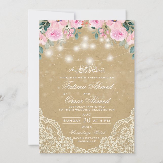Vintage blumengeschmückte islamische Hochzeit Einladung (Vorderseite)