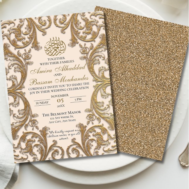 Vintage blumenislamische Beige- und Goldhochzeit Einladung (Von Creator hochgeladen)