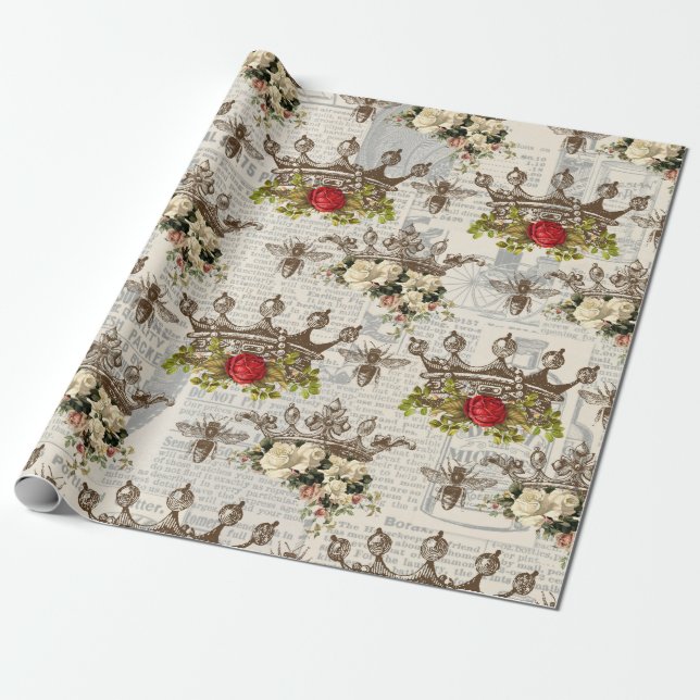 Vintage Blumenkronen mit Bienen Geschenkpapier (Ungerollt)