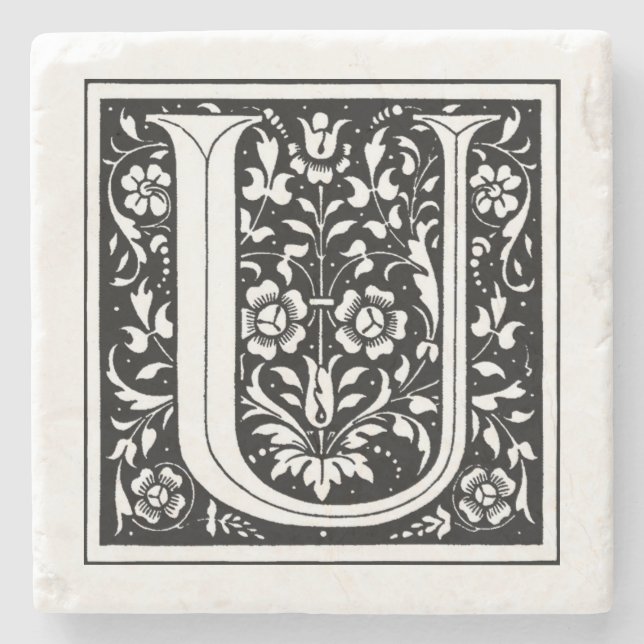 Vintage-Blumenmonogramm 'U' Steinuntersetzer (Vorderseite)