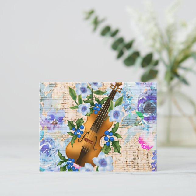 Vintage Blumenmusik Violine Postkarte (Stehend Vorderseite)