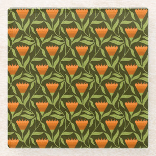 Vintage Blumenmuster mit orangen Tulpen  Glasuntersetzer